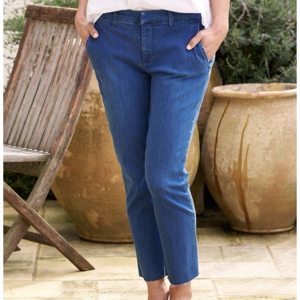 Frank & Eileen Wicklow Denim Chino Pants 6 Cropped Raw Hem Blue Minimalist